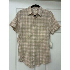 Mutual Weave Men's‎ Linen Cotton Shirt Small Ivory Melon Plaid Short Sleeve NWT